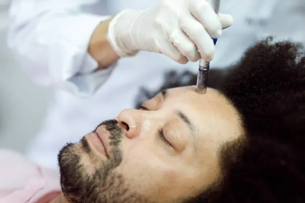 Close-up of a man receiving a dermapen procedure for facial rejuvenation
