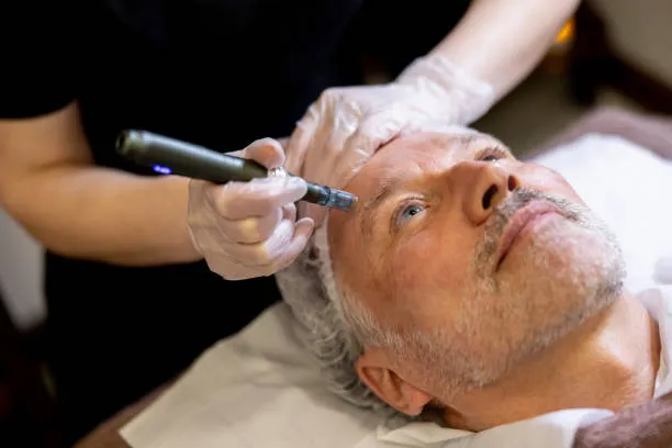 Male patient undergoing a dermapen facial treatment at a professional skincare clinic