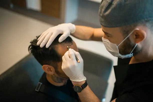How much is hair transplant; a man marking the forehead of a client
