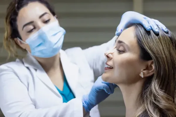 A woman reviewing the post-operative of a rhinoplasty