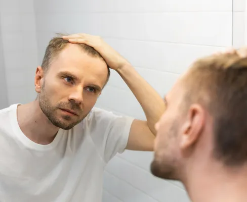 Man assessing his receding hairline before DHI hair transplant consultation.