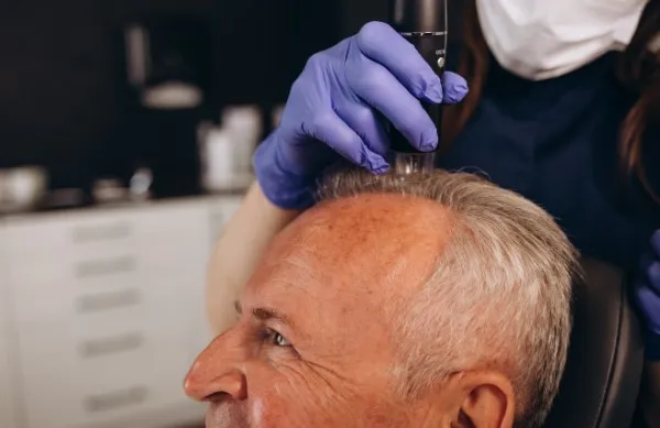 Doctor examining patient’s donor and recipient sites for FUE hair transplant.