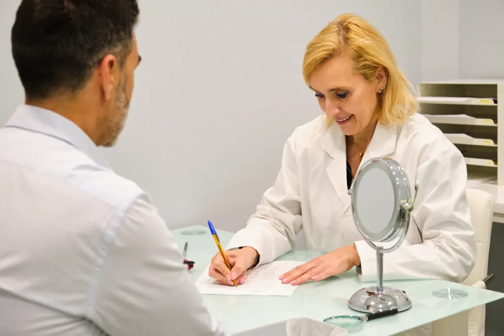 Professional female surgeon in discussion with a middle-aged male patient during consultation, reviewing options for top plastic surgery procedures tailored to his needs