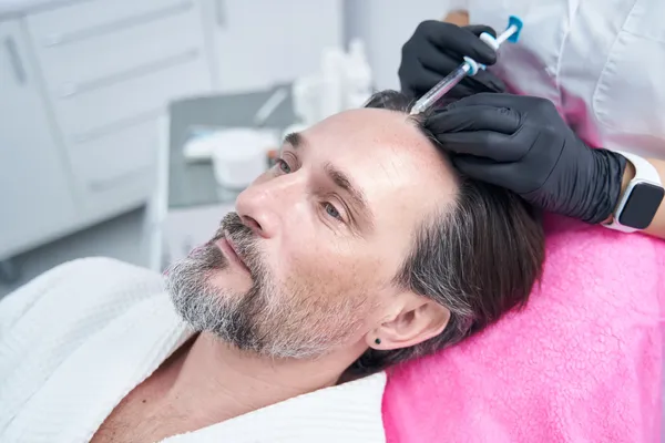 Injectable therapy on man's scalp. This preparatory care enhances the Benefits of hair transplant and density.