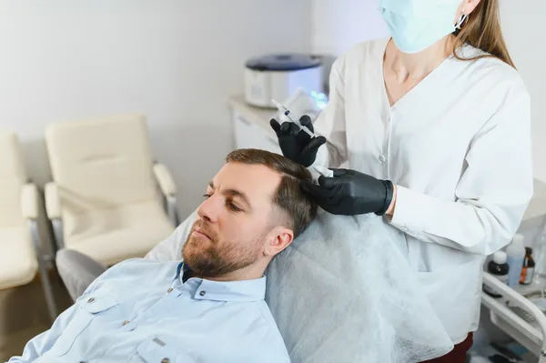 Man receiving scalp injections from a professional. Care used to amplify the Benefits of hair transplant results.