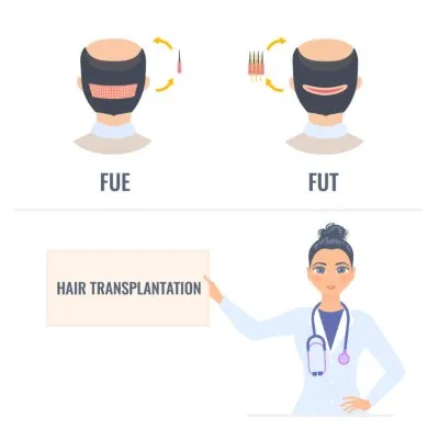 Ilustración de dos hombres mostrando la zona de la nuca con referencia a métodos como FUE y FUT, representando resultados vinculados a hair treatments de forma general y profesional.
