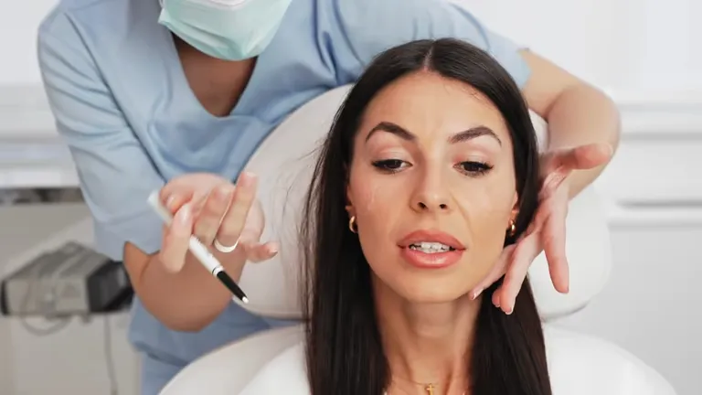 Doctor pointing to key facial areas while explaining PRP Injection treatment for skin rejuvenation.