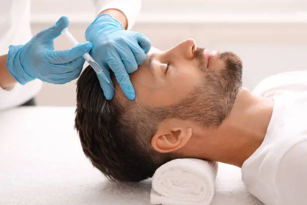Doctor applying a PRP Injection into a man’s scalp to support hair restoration and improve hair density.