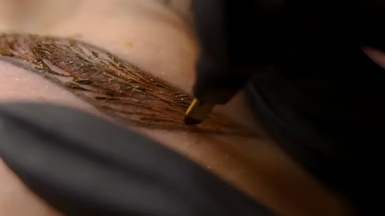 Close-up of a Microblading procedure where fine strokes are applied to create fuller and natural-looking eyebrows.