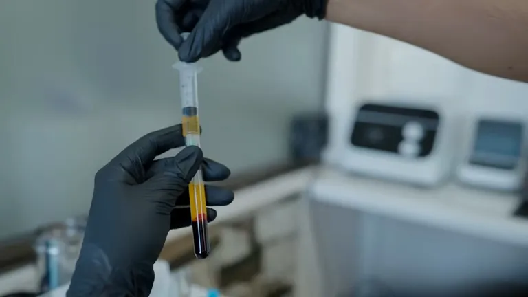 Doctor filling a syringe with platelet-rich plasma while preparing a PRP Injection treatment.