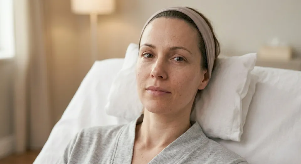 Rested Woman Showing Clean Skin Post-Facial Treatments A woman with a headwrap lies in bed showing a neutral face after facial treatments