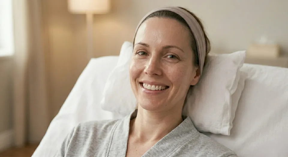 A smiling woman relax in bed after having facial treatments in a well-lit room.