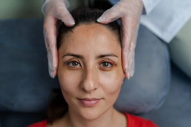Patient during blepharoplasty recovery after eyelid surgery