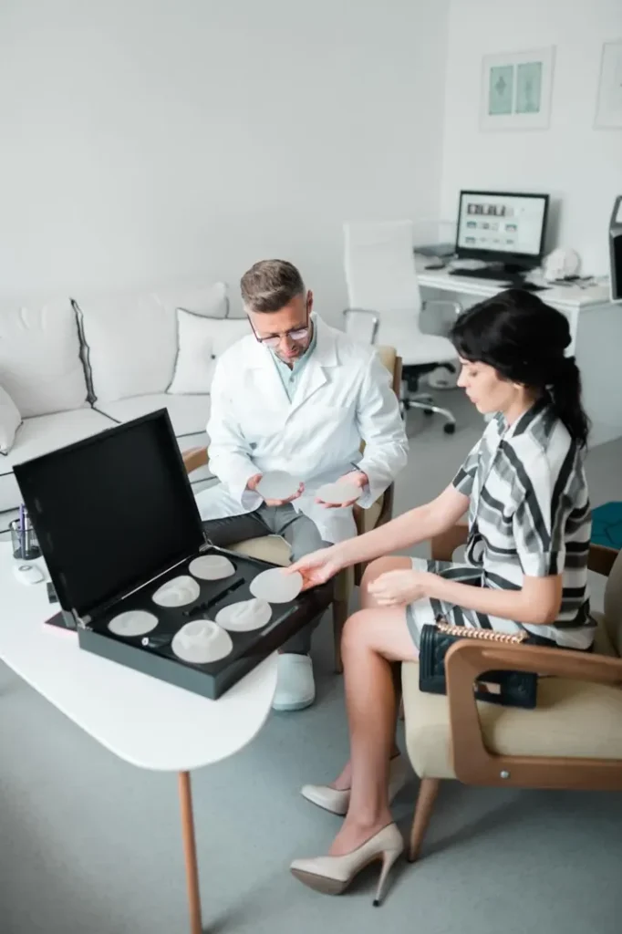 Breast augmentation surgery consultation discussing breast implants, size and natural-looking results