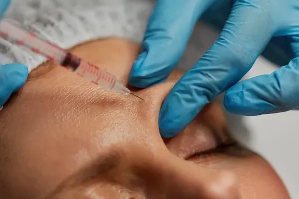Close up of a person receiving a cosmetic injectable in their forehead area to reduce wrinkles at a specialized clinic