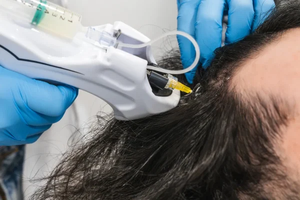 Detailed view of a doctor’s hands injecting treatment into the patient’s scalp as part of specialized hair loss solutions