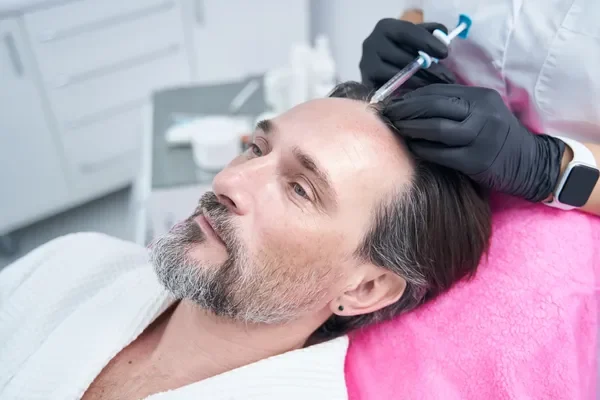 Injectable therapy on man's scalp. This preparatory care enhances the Benefits of hair transplant and density.