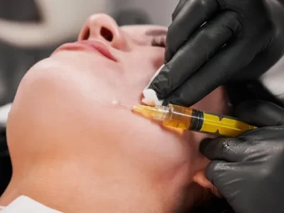 A woman receiving a PRP injection on her cheek from a professional wearing black gloves at a cosmetic injectables clinic