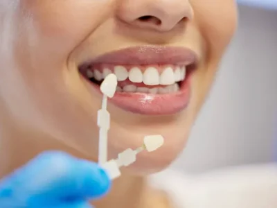 Close-up of a dentist with gloves holding veneers to match them with the patient’s natural teeth, showcasing the types of dental veneers